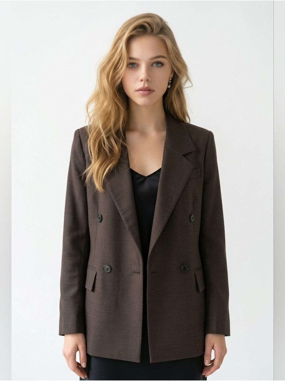 COS Double-Breasted Brown Blazer Jacket - Women's Tailored Coat